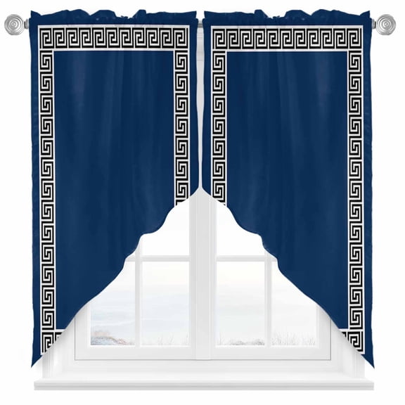 Navy Blue Swag Valances for Windows 2 Pack Greek Chinese Style Border Geometric Swag Kitchen Curtains 36 Inches Long Rod Pocket Short Window Treatment for Kitchen Bathroom 36"x36"