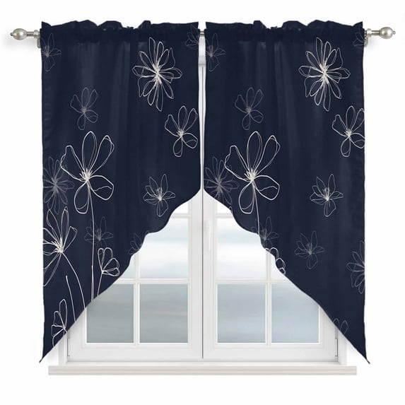 Navy Blue Swag Valances for Windows, Kitchen Curtains 36 Inch Length 2 Panels Set, Spring Flora Short Curtains for Small Windows Rod Pocket Cafe Curtains Drapes 28"x36"