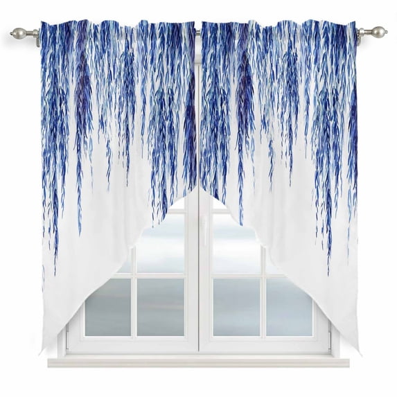 Navy Blue Swag Valances for Windows, Kitchen Window Curtains Over Sink, Summer Botanical Leaves Watercolor Window Treatment Curtains for Living Room/Bedroom Curtains 2 Panel Sets 36"x45"