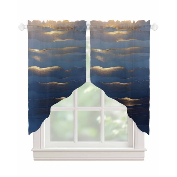 Navy Blue Swag Valances for Windows, Luxury Golden Modern Abstract Art Rod Pocket Sheer Valances for Small Windows, Swag Toppers Light Filtering for Kitchen Living Room 2 Panels 36''x36''