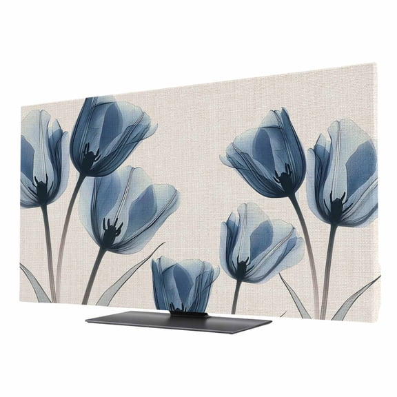 Navy Blue TV Dust Cover 24 Inch, Tulip Minimalist Modern Flower Art Linen Background Computer Monitor Cover Dustproof Stretchable Indoor TV Screen Protector for LED LCD Universal Monitors