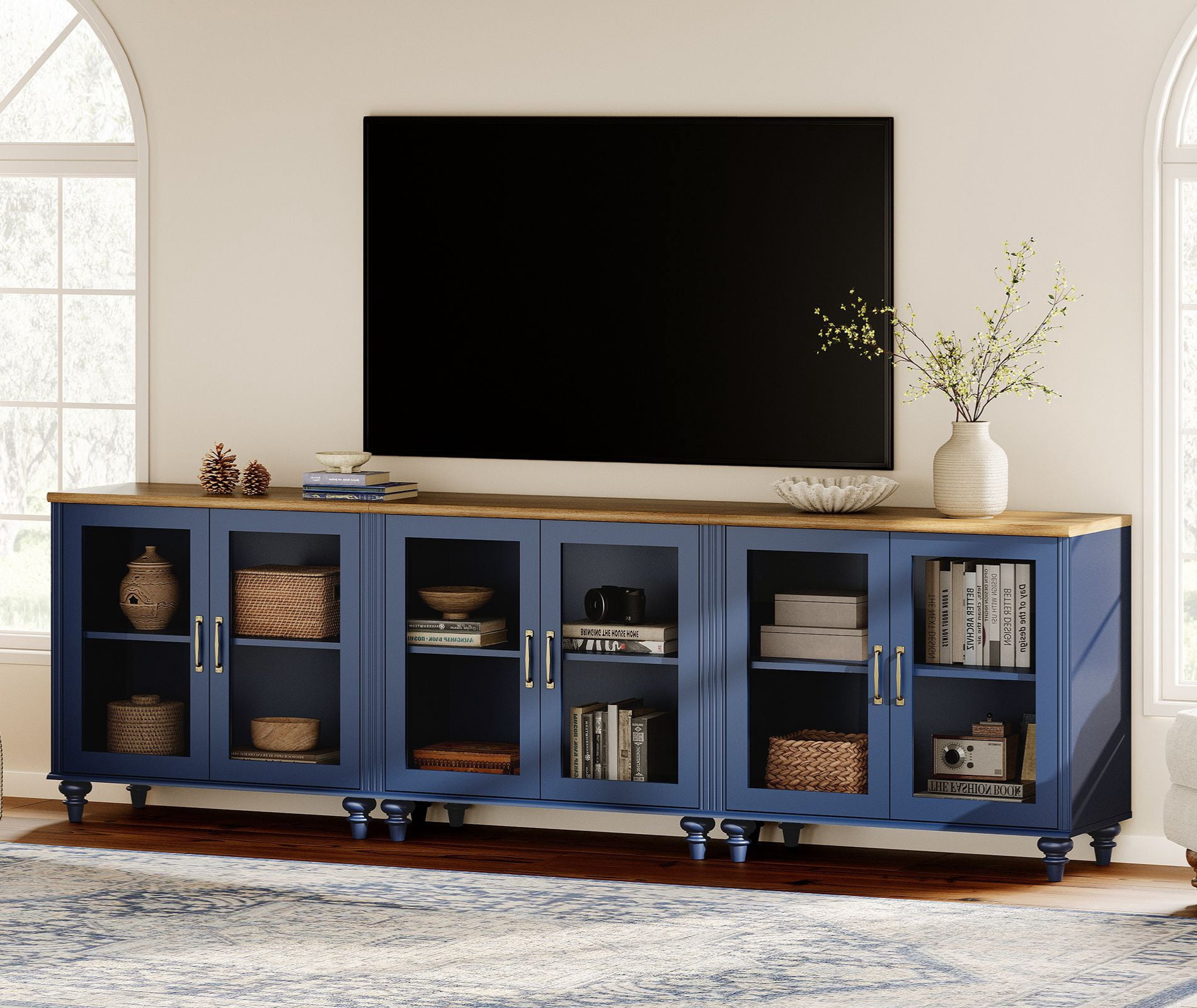 Navy Blue TV Stand for 100 Inch TV, Kitchen Buffet Sideboard with 6 Glass Doors for Dining Room