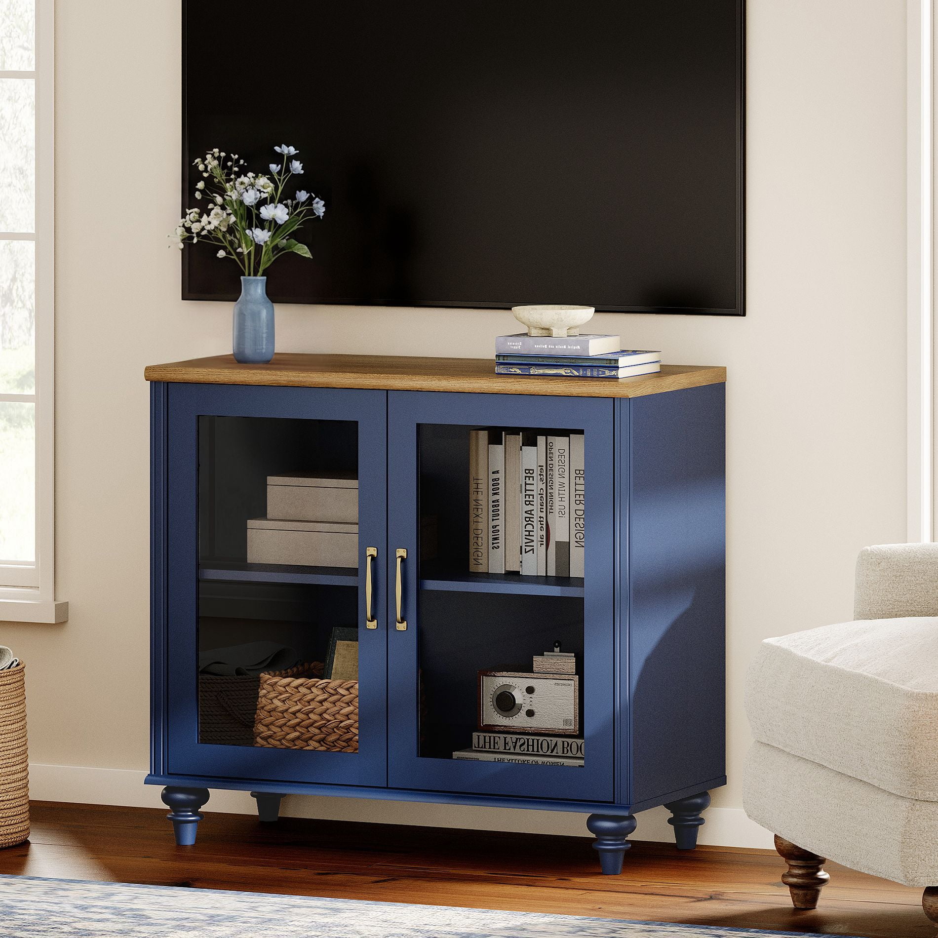 Navy Blue TV Stand for 43 Inch TV, Kitchen Buffet Sideboard with Glass Doors for Dining Room