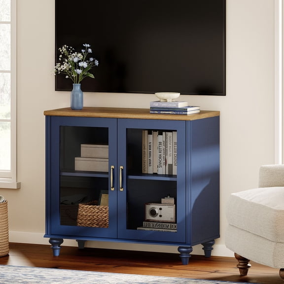 Navy Blue TV Stand for 43 Inch TV, Kitchen Buffet Sideboard with Glass Doors for Dining Room