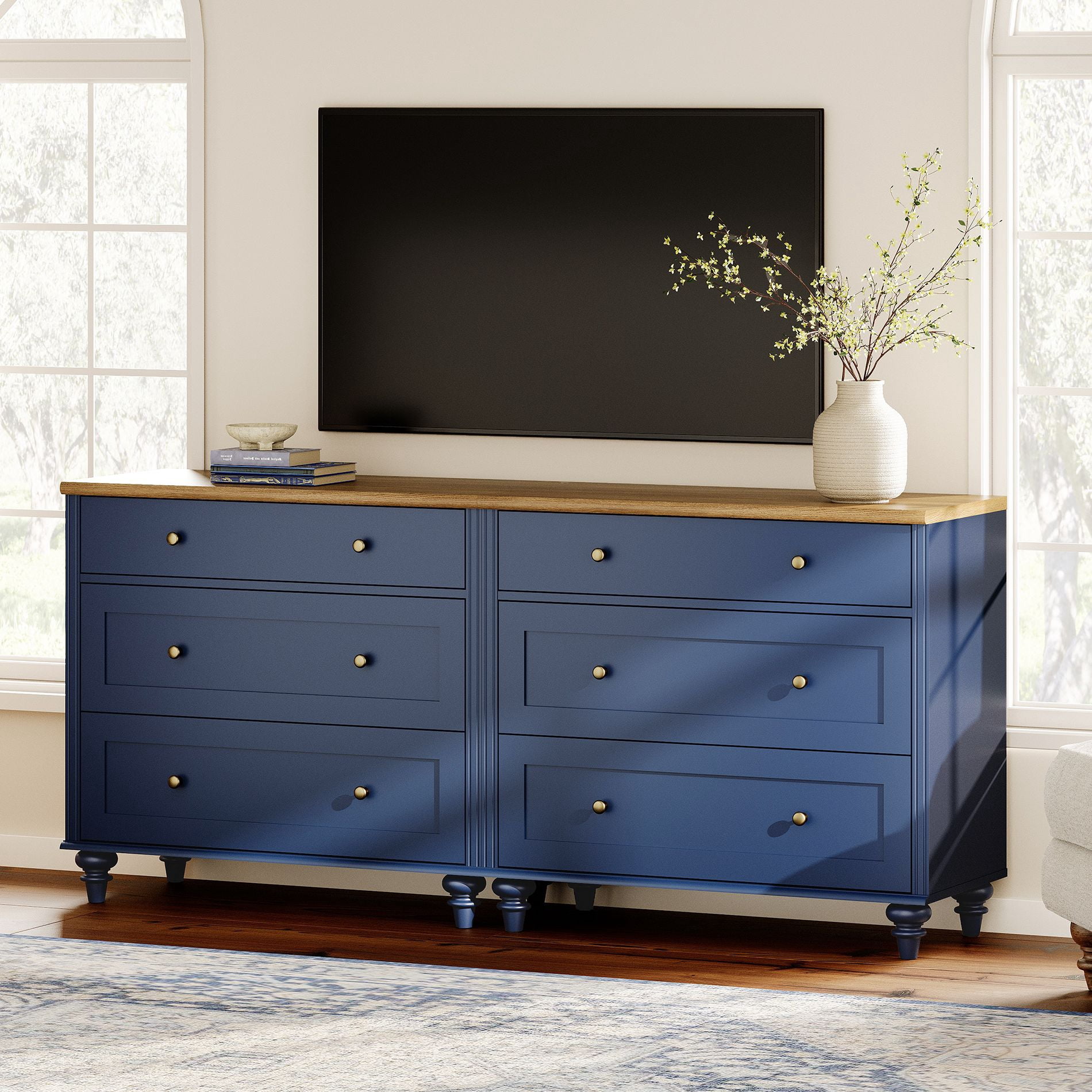 Navy Blue TV Stand for 75 Inch TV, Kitchen Buffet Sideboard with 6 Drawers for Dining Room