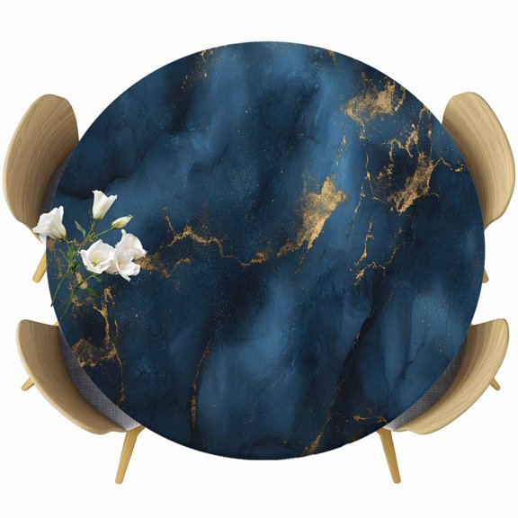 Navy Blue Table Cloth, Round Fitted Tablecloths with Elastic Edge, Modern Abstract Marble Ink Painted Art Wipeable Waterproof Table Cover for Kitchen Wedding 36-44 Inches