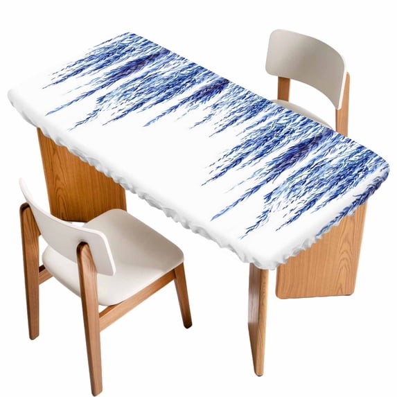 Navy Blue Table Cloths for 3 Foot Rectangle Tables, Summer Botanical Leaves Watercolor Patio Waterproof Elastic Fitted Tablecloths, Washable Rectangular Table Cover for Camping
