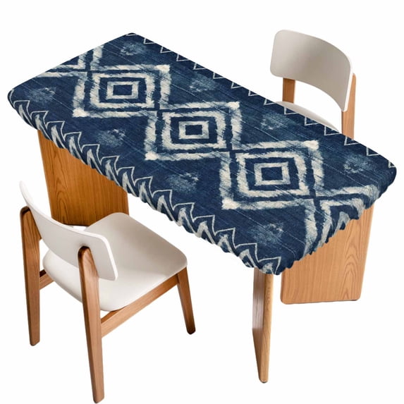Navy Blue Table Cloths for 3 Foot Rectangle Tables, Vintage Tribal Abstract Geometric Tie Dye Art Patio Waterproof Elastic Fitted Tablecloths, Washable Rectangular Table Cover for Camping