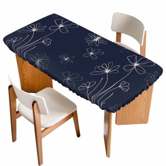 Navy Blue Table Cloths for 5 Foot Rectangle Tables, Spring Flora Patio Waterproof Elastic Fitted Tablecloths, Washable Rectangular Table Cover for Camping