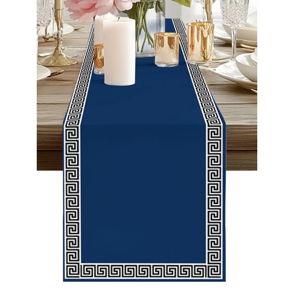 Navy Blue Table Runner 13x36 Inch Greek Chinese Style Border Geometric Table Runners Dresser Scarves Holiday Kitchen Dining Table Decoration for Home Party Indoor