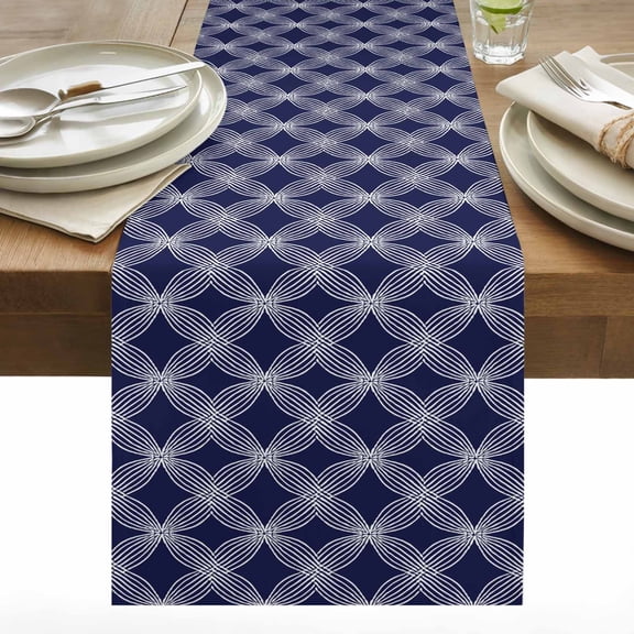 Navy Blue Table Runner 13x36 inch Retro Abstract Art Modern Geometric Cotton Linen Dining Table Runner Ideal for Dresser Kitchen Coffee Tables - Machine Washable