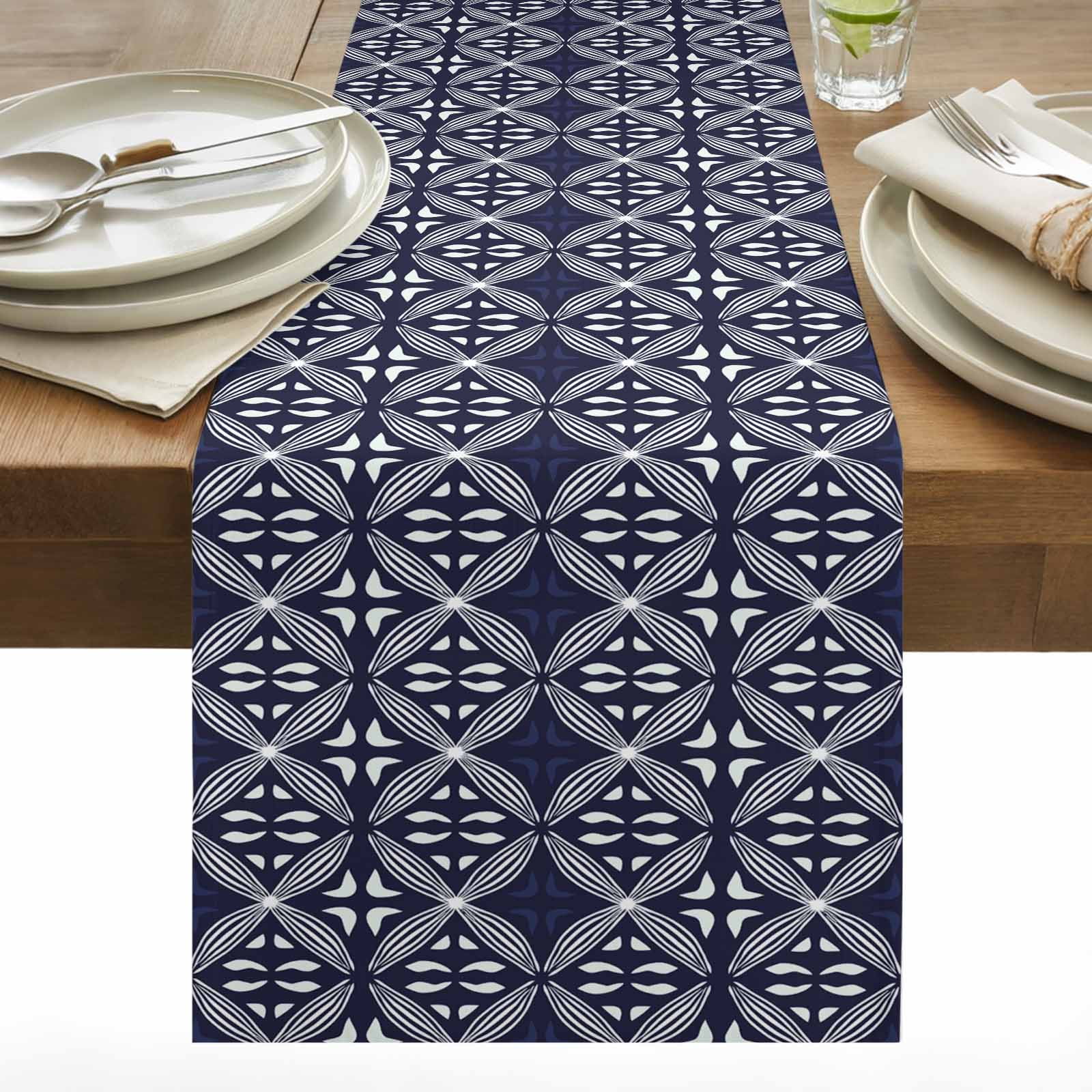Navy Blue Table Runner 13x90 inch Retro Abstract Art Modern Geometric Cotton Linen Dining Table Runner Ideal for Dresser Kitchen Coffee Tables - Machine Washable