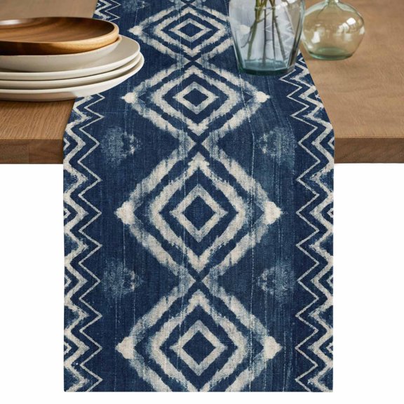 Navy Blue Table Runner 36 Inches, Vintage Tribal Abstract Geometric Tie Dye Art Bed Runner Dresser Scarves Tabletop for Indoor Outdoor Parties/Ceremony/Banquet, 13"x 36"