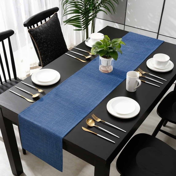 Navy Blue Table Runner 48 Inches Long, Vintage Country Monochrome Farmhouse Kitchen Dining Burlap Linen Tablerunner for Small/Round/Square/Wedding/Coffee/Dining Table Party Home Décor 13 x 48
