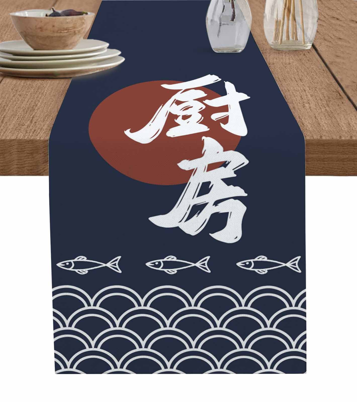 Navy Blue Table Runner 72 Inches, Country Japanese Style Fish Animals ...