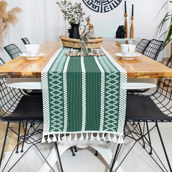 Navy Blue Table Runner Boho Style 14 x 60 Inch | Farmhouse Stripe Runner for Coffee Table , Thanksgiving, Christmas – Handcrafted Woven Cotton Blue Spring Runner for Table, Dining Room Decor