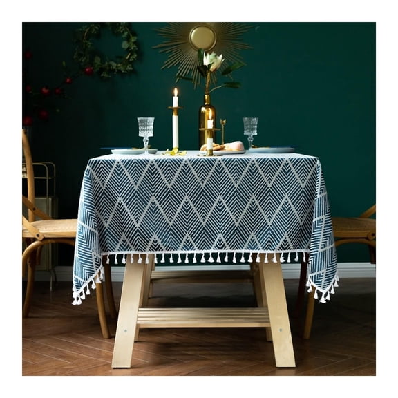 Navy Blue Tablecloths, Polyester Tablecloth Jacquard Wavy Tassels Dining Table Cloths Rectangle 140*180cm Decorative Table Cover for Dining