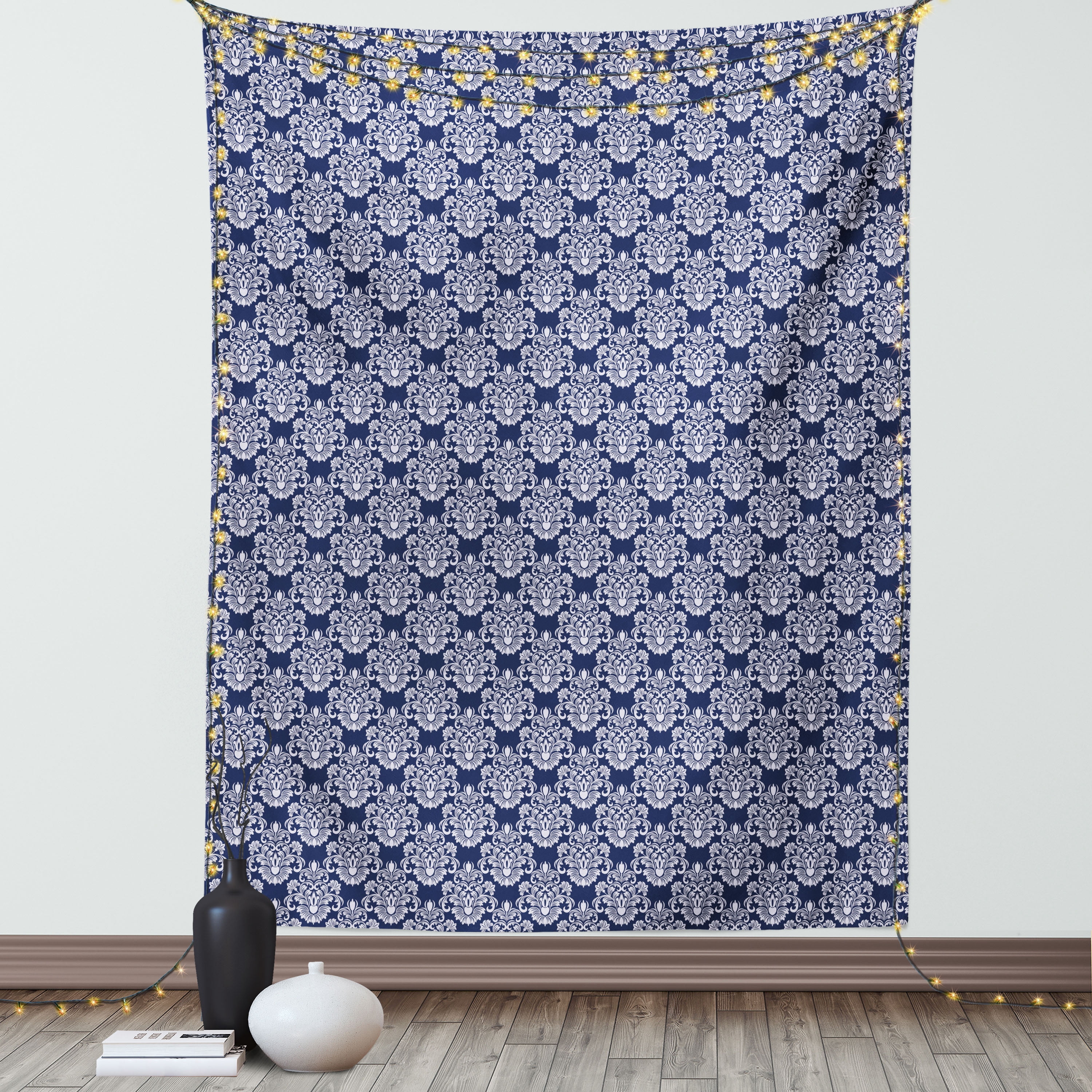 Navy Blue Tapestry, Abstract Floral Damask with Antique Victorian ...