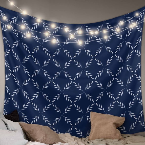 Navy Blue Tapestry for Bedroom Wall Hanging Tapestry, Geometric Leaf Diamond Plaid Abstract Check Ceiling Backdrop Tapestries Poster Blanket Wall Decor for Teens Room Living Room Dorm 59" x 90"