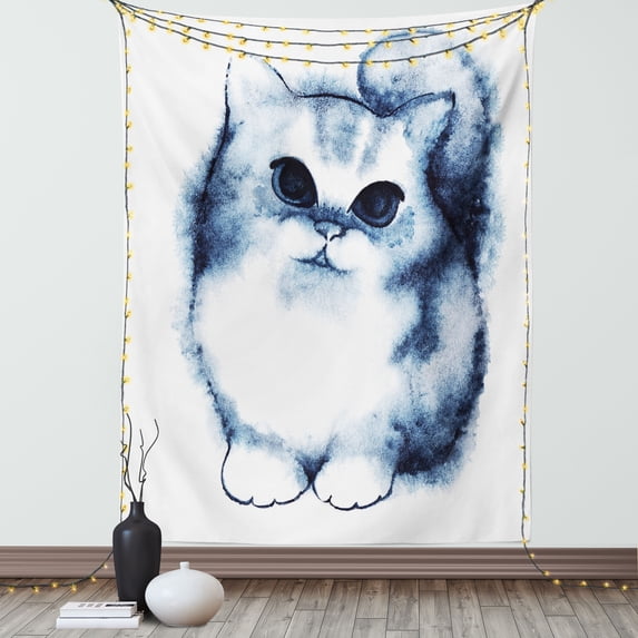Navy Blue Tapestry, Cute Kitty Paint with Distressed Color Features Fluffy Cat Best Companion Ever, Wall Hanging for Bedroom Living Room Dorm Decor, 40W X 60L Inches, Grey White, by Ambesonne