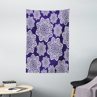 Navy Blue Tapestry, Floral Lace Graphic Print Snowflake Themed Pattern Ornate Circle Batik Texture, Wall Hanging for Bedroom Living Room Dorm Decor, 40W X 60L Inches, Blue White, by Ambesonne