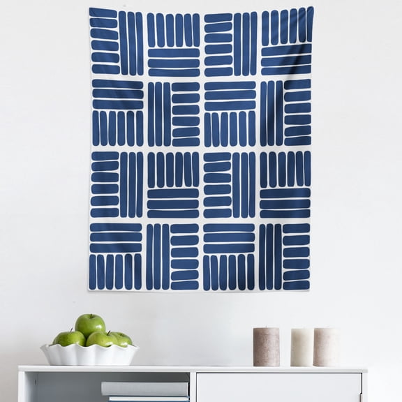 Navy Blue Tapestry, Modern Stripes in Squares Shape Geometrical Minimalist Design Print, Fabric Wall Hanging Decor for Bedroom Living Room Dorm, 5 Sizes, Night Blue and White, by Ambesonne