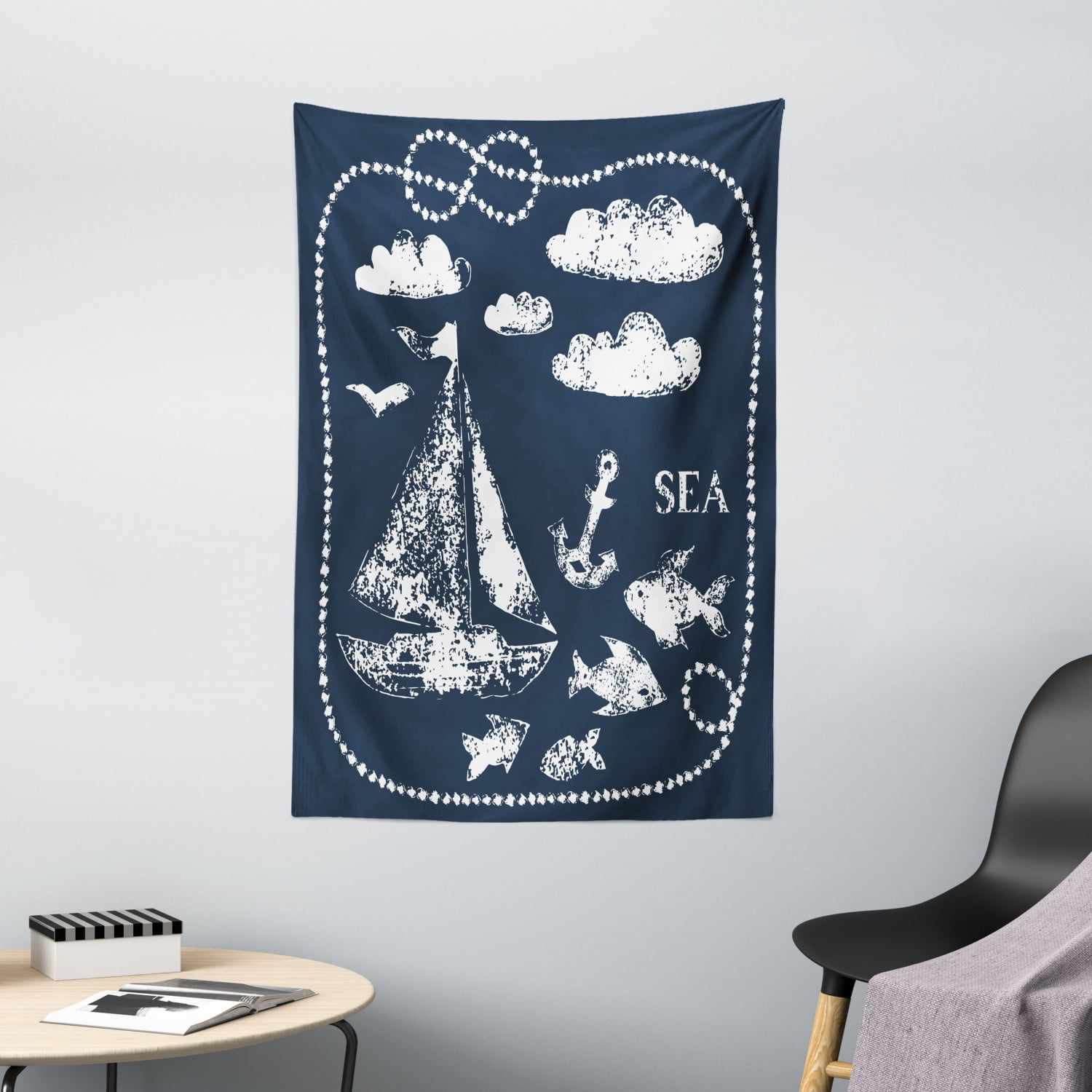 Navy Blue Tapestry, Sea Themed Hand Print Grunge Elements Marine ...