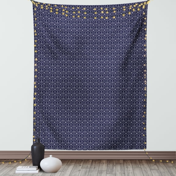 Navy Blue Tapestry, Windrose Anchor Circular Rope Icon Nautical Composition Marine Illustration, Wall Hanging for Bedroom Living Room Dorm Decor, 60W X 80L Inches, Dark Blue White, by Ambesonne