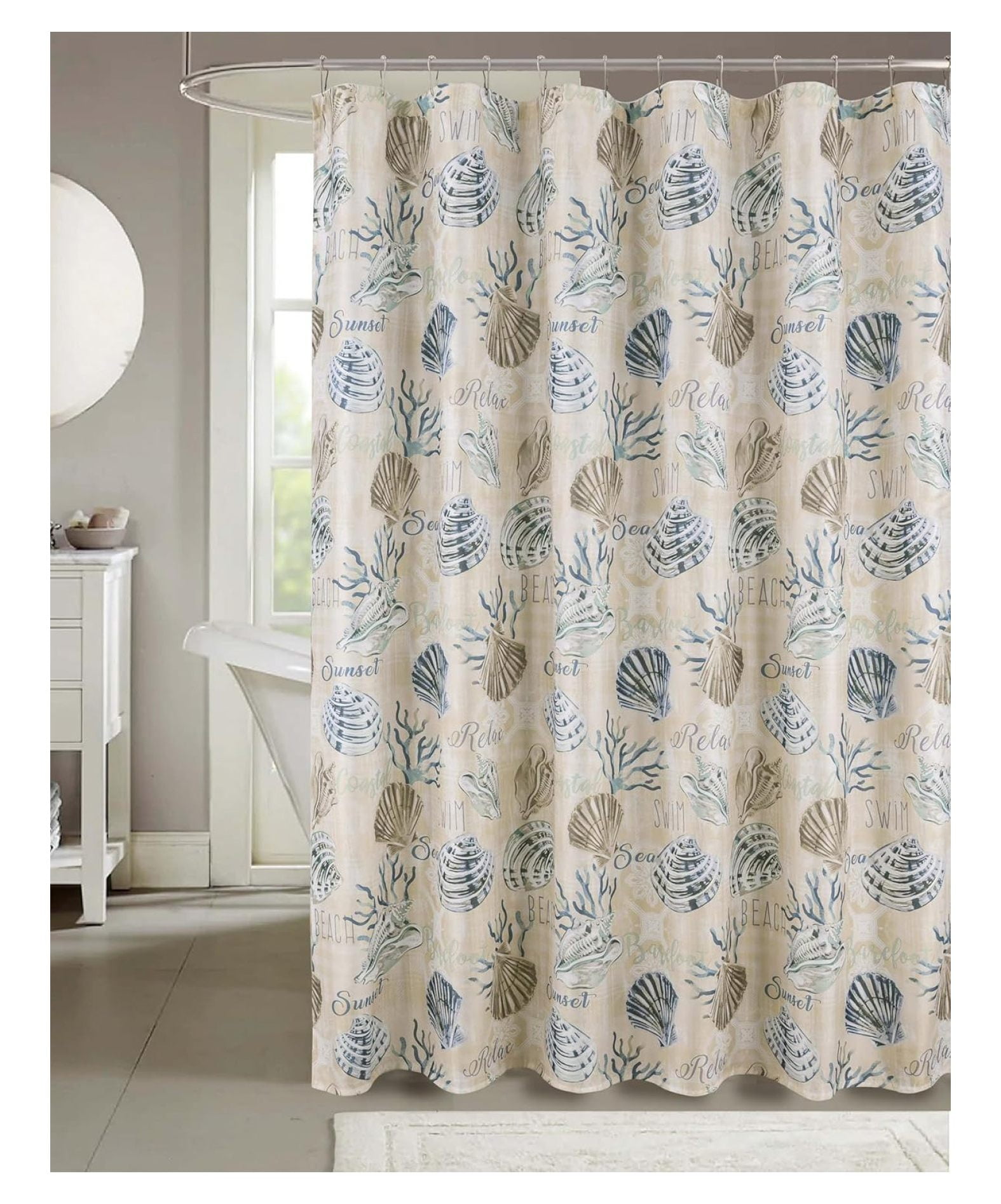 Navy Blue Taupe White Fabric Shower Curtain for Bathroom: Tropical ...