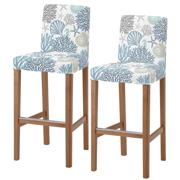 Navy Blue Teal Coastal Bar Stool Cover Set of 2, Summer Beach Coral Shell Ocean Stretch Bar Chair Cover, Removable Washable Pub Counter Stool Chair Slipcover for Kitchen Dining Room Pub Cafe