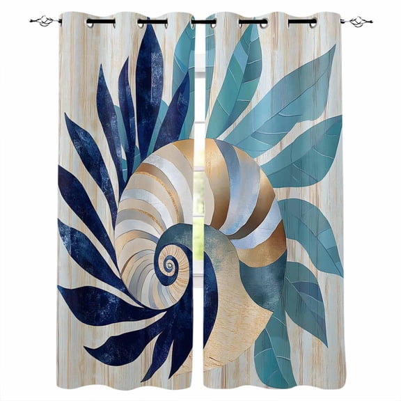 Navy Blue Teal Coastal Blackout Curtains for Bedroom/Living Room, Thermal Insulated Kitchen Curtains, Abstract Art Nautical Ocean Conch Grommet Darkening Window Treatment Drapes 52"x84"x2