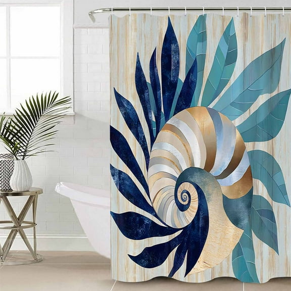Navy Blue Teal Coastal Extra Long Shower Curtain Set, Waterproof Shower Curtains for Bathroom, Abstract Art Nautical Ocean Conch Washable Fabric Cloth Bath Curtain for Bathtub with Hooks 72x96 Inches