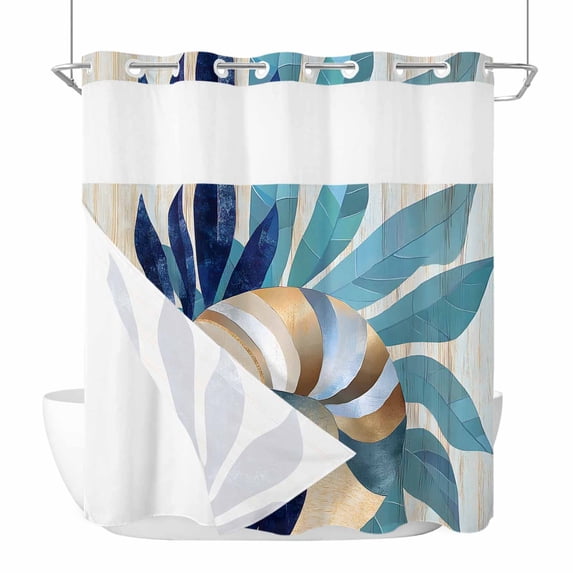 Navy Blue Teal Coastal No Hook Shower Curtain Waterproof,Bathroom Curtains with Snap in Liners and See Through Top Window,Abstract Art Nautical Ocean Conch Hotel Bathtub Curtains Shower 72"Wx72"L