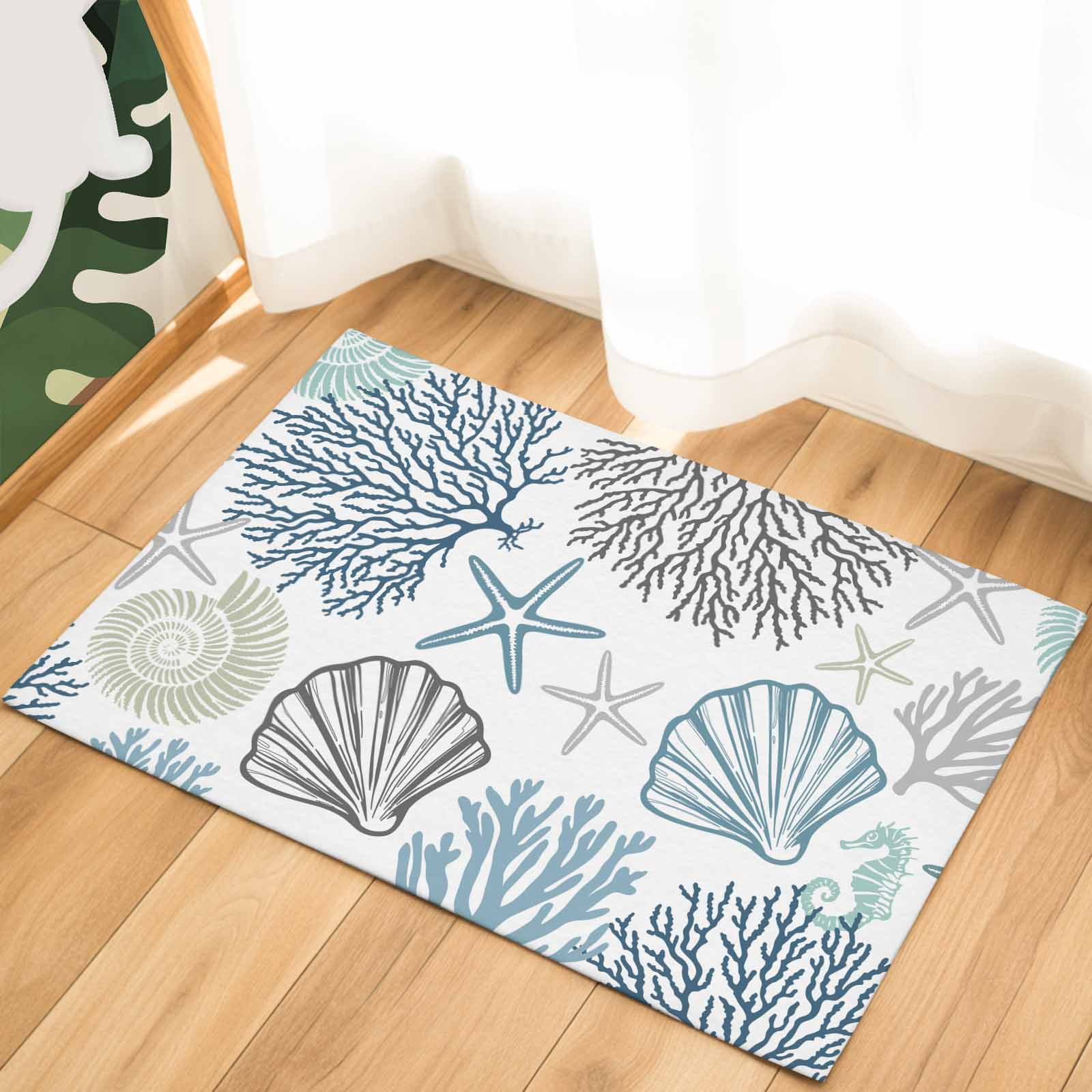Navy Blue Teal Coastal Indoor Door Mat - 18"x30", Non-Slip Welcome Mat for Outdoor, Summer Beach Coral Shell Ocean Front Doormat for Entry, Low-Profile Doormat Entrance Rug for Kitchen/Bathroom