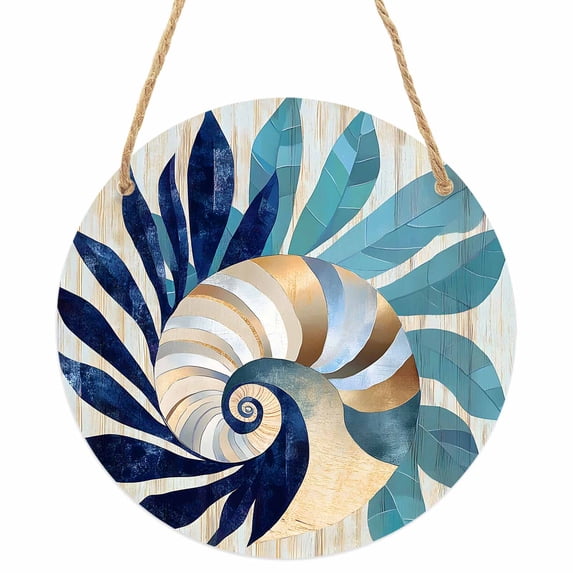 Navy Blue Teal Coastal Round Front Door Welcome Sign, 5.9 Inch Wall Hanging Decor for Indoor Outdoor, Abstract Art Nautical Ocean Conch Home Porch Hanger Decorations for Holiday Gift