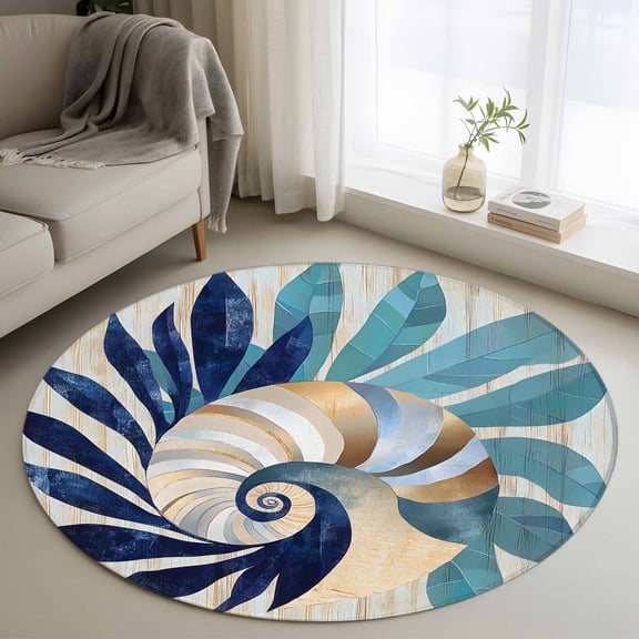 Navy Blue Teal Coastal Round Rug 3ft Washable Circle Entryway Rugs Non Slip Abstract Art Nautical Ocean Conch Area Rug Indoor Floor Carpet for Bedroom Kitchen Living Room Home Office Dining Room