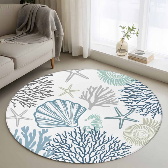 Navy Blue Teal Coastal Round Rugs 3ft, Summer Beach Coral Shell Ocean Non Slip Washable Rug Runner, Low Pile Indoor Floor Carpet Mat Bathroom Rugs for Living Room, Bedroom, Kids Room