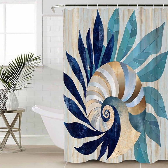 Navy Blue Teal Coastal Small Stall Shower Curtain, Waterproof Shower Curtains for Bathroom, Abstract Art Nautical Ocean Conch Washable Fabric Cloth Bath Curtain for Bathtub with Hooks 36x72 Inches