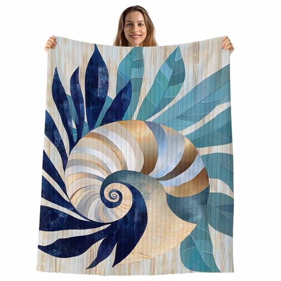 Navy Blue Teal Coastal Throw Blanket, Flannel Fleece Blanket with Striped Design for Couch, Abstract Art Nautical Ocean Conch Soft Breathable All Season Plush Blankets for Sofa Office Chair 30"x40"