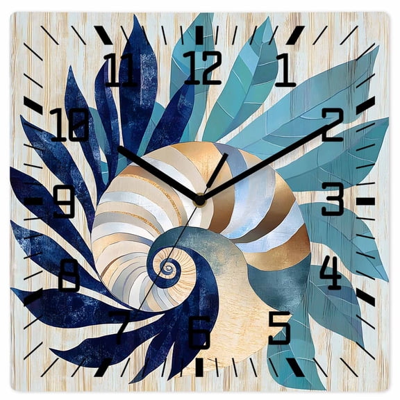 Navy Blue Teal Coastal Wooden Wall Clock Silent Non Ticking, Abstract Art Nautical Ocean Conch Square Wall Clocks Battery Operated, Decor Clock for Home Office, Living Room, Kitchen, 12 Inch