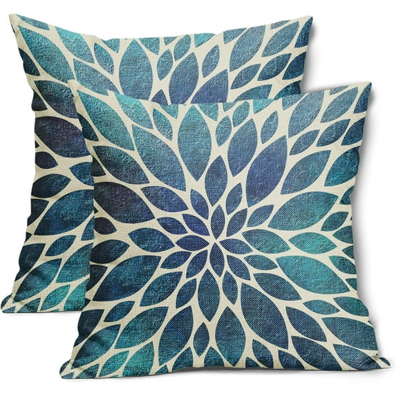 Navy Blue Teal Dahlia Pillow Covers 16X16 Inch Spring Summer Floral Couch Pillow Cases Modern Abstract Throw Pillows Set of 2 Home Decor for Living Room Bedroom Couch Bed Sofa Outdoor