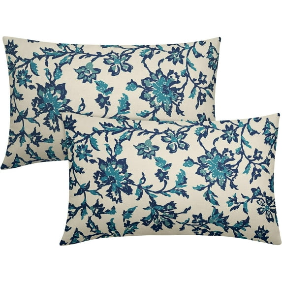 Navy Blue Teal Floral Block Print Lumbar Pillow Covers 12x20 Set of 2 Vintage Flower Modern Patterned Cream Rectangle Decorative Throw Pillow Cases Outdoor Farmhouse Decoration for Sofa Couch Bed