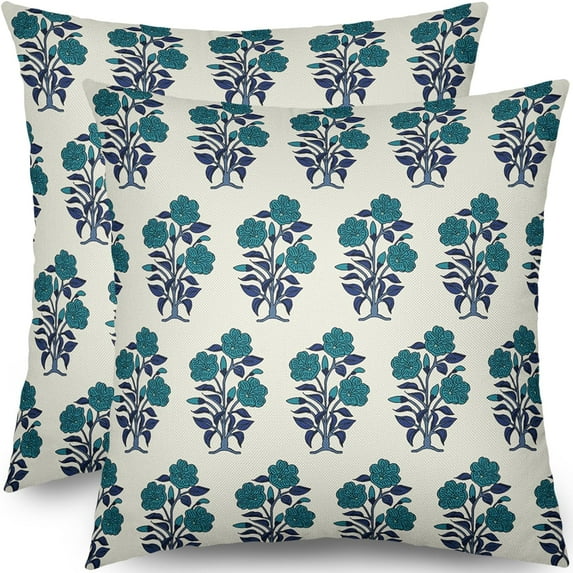 Navy Blue Teal Floral Block Print Pillow Covers 16x16 Set of 2 Chinoiserie Flower Leaves Outdoor Decorative Throw Pillows Farmhouse Pillowcases Linen Cushion Case Decor for Home Sofa Couch Bed