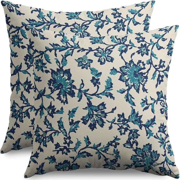 Navy Blue Teal Floral Block Print Pillow Covers 16x16 Set of 2 Vintage Flower Rustic Old Style Modern Patterned Cream Decorative Throw Pillow Cases Outdoor Farmhouse Decoration for Sofa Couch Bed