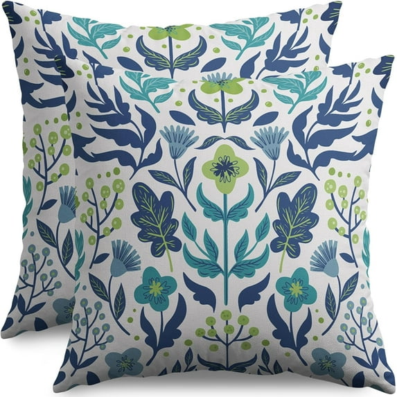 Navy Blue Teal Floral Pillow Covers 16x16 Set of 2 Summer Light Blue Lime Green Flower Leaves Block Print Decorative Throw Pillow Cases Outdoor Farmhouse Decoration for Sofa Couch Bed