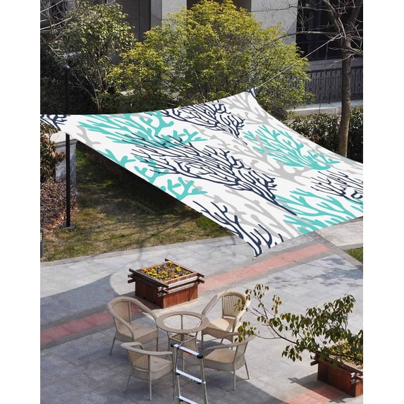 Navy Blue Teal Grey Coral Coastal Sun Shade Sail 14'x18' Rectangle Outdoor Shade Canopy, Summer Beach Nautical Ocean Porch Shades Outdoor Sun Blocking Screen, Sunshade Cloth Covers for Patio/Deck