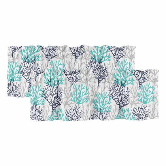 Navy Blue Teal Grey Coral Coastal Valances for Windows, Summer Beach Nautical Ocean Light Filtering Kitchen Curtains, Rod Pocket Window Valance Curtains for Living Room Bedroom, 60"Wx18"L, 2 Panels