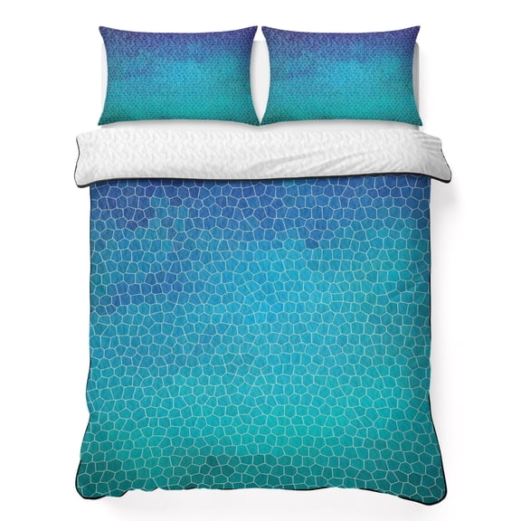 Navy Blue Teal Mosaic 3 Piece Quilt Bedding Set with 2 Pillow Shams, Minimalist Abstract Hexagonal Grid Gradient Lightweight Bedspread Coverlet, Soft Breathable All Season Quilt, 68 x 86 Inch