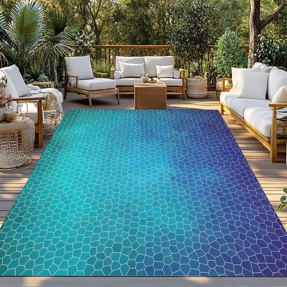 Navy Blue Teal Mosaic Indoor Outdoor Rugs 3x5 Ft, Minimalist Abstract Hexagonal Grid Gradient Outdoor Patio Rugs Mat Washable Outside Area Rugs Carpet for Porch Deck RV Camping Pool Balcony Backyard