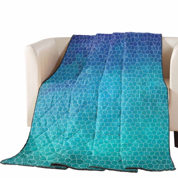 Navy Blue Teal Mosaic Quilted Comforters Cooling Blanket Oversized Queen Size, Minimalist Abstract Hexagonal Grid Gradient Cold Comfort for Hot Sleepers Lightweight Air Conditioning Quilt Blanket